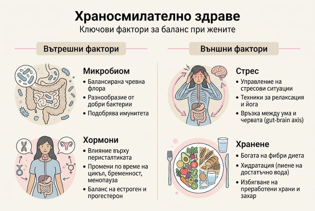 Инфографика с основните фактори, които влияят върху здравето на храносмилателната система
