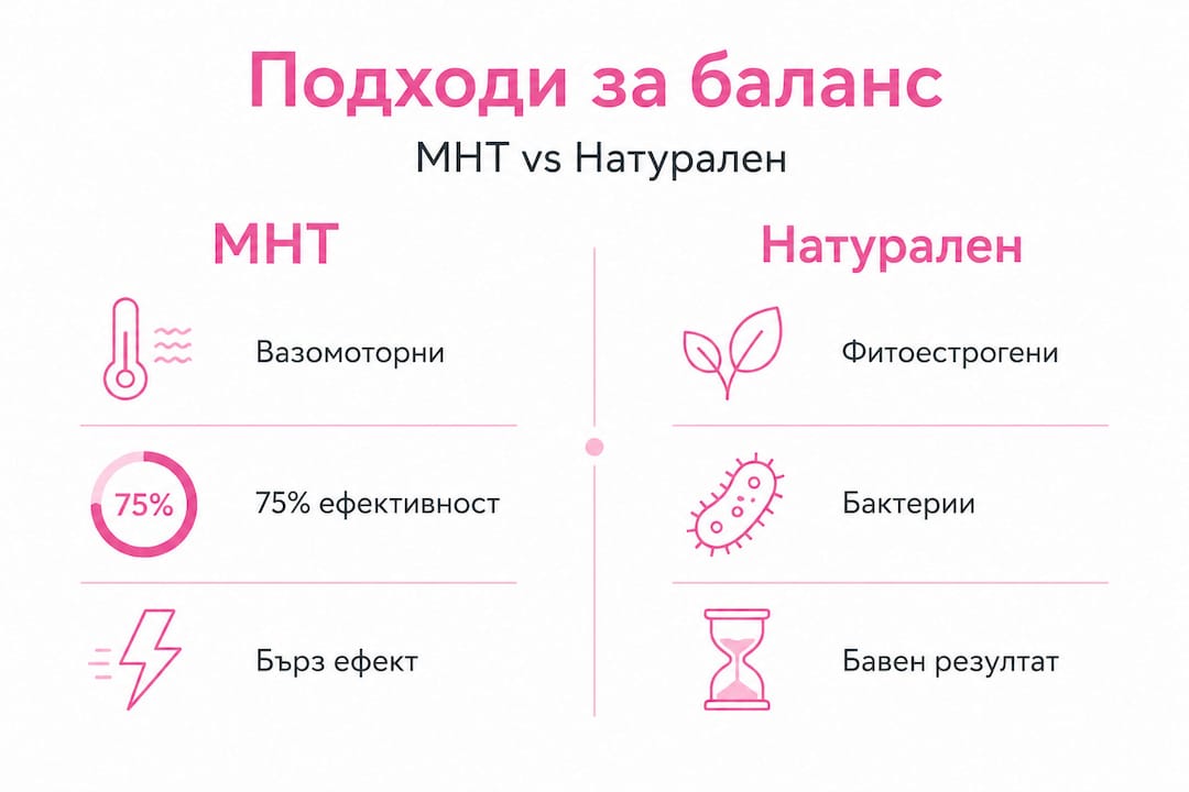 Инфографика представя сравнение между MHT и природните методи за лечение.