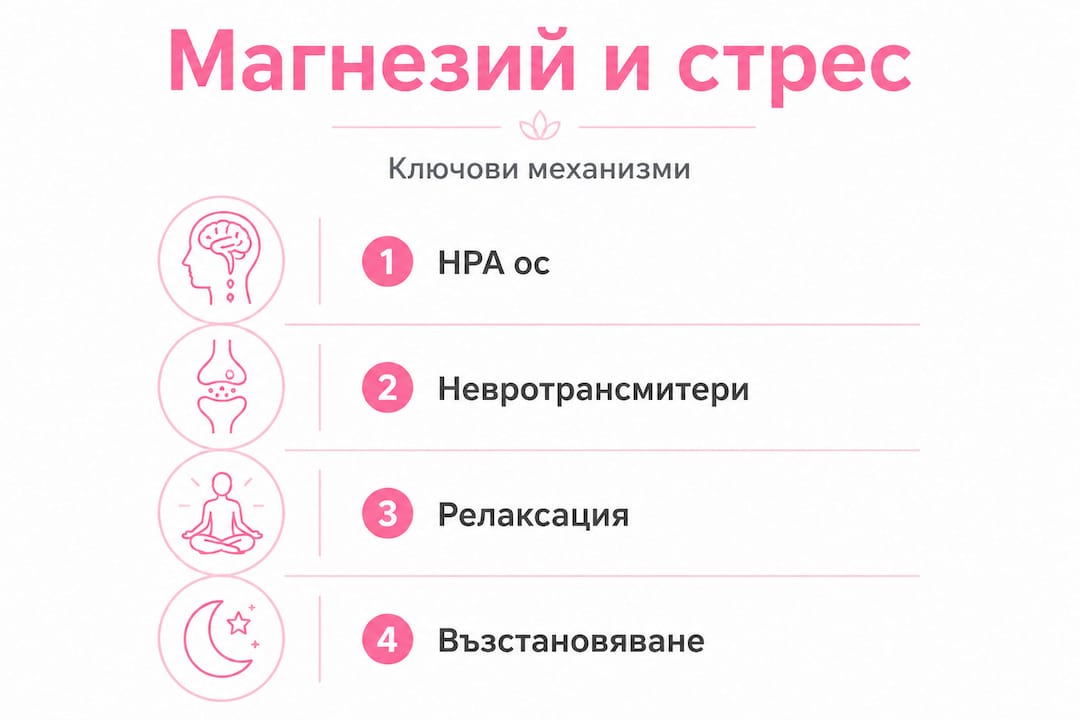 Инфографика с вертикален поток: Как магнезият влияе на стреса