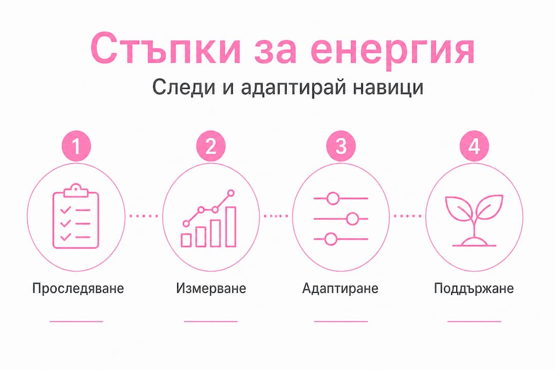 Инфографика с лесни стъпки за проследяване и изграждане на устойчиви навици за енергия
