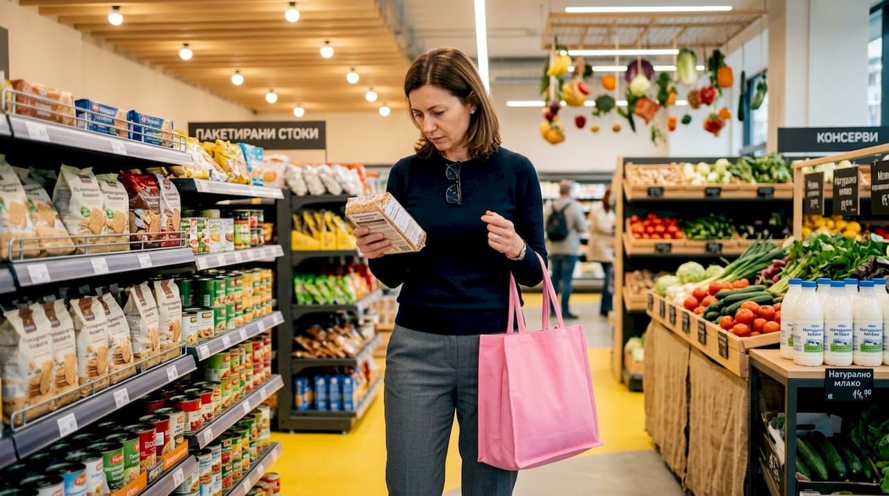 Жена разглежда етикета на хранителен продукт в магазина, за да провери съставките и хранителната стойност.