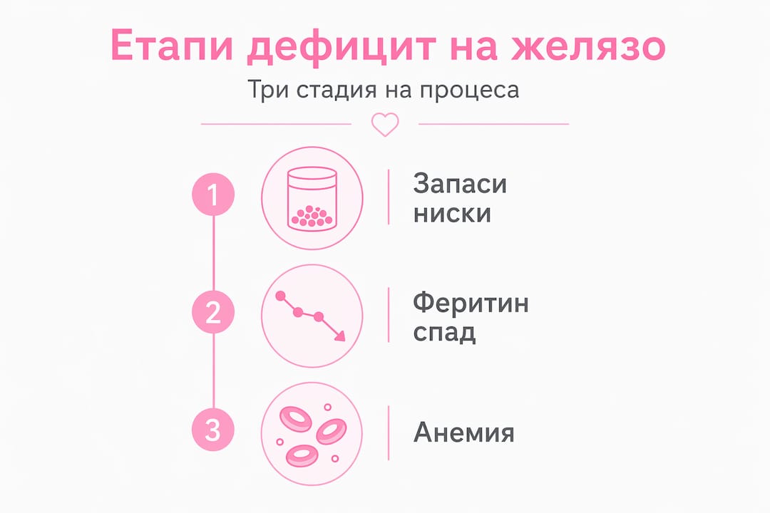 Инфографика, която визуализира развитието на желязодефицитната анемия в три основни етапа.