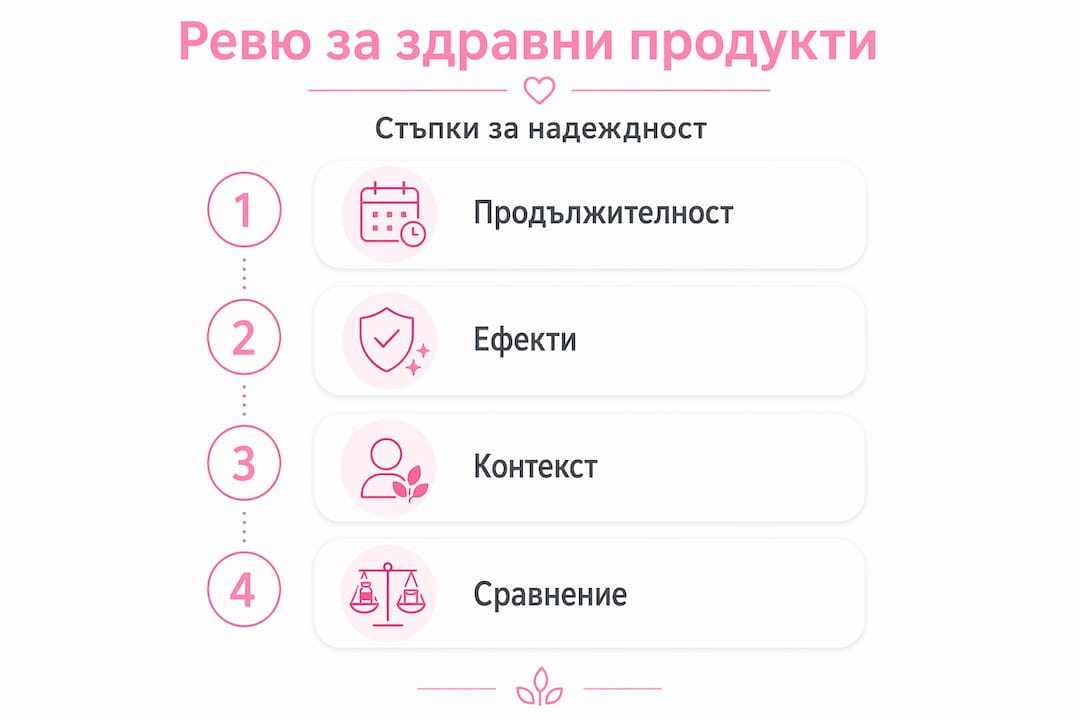 Инфографика с вертикално подредени етапи за представяне на мнения и оценки за здравни продукти