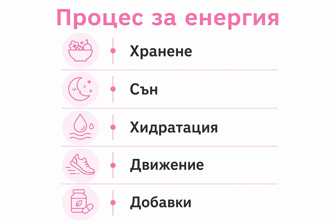 Вертикална инфографика с основни стъпки за поддържане на енергията при жените
