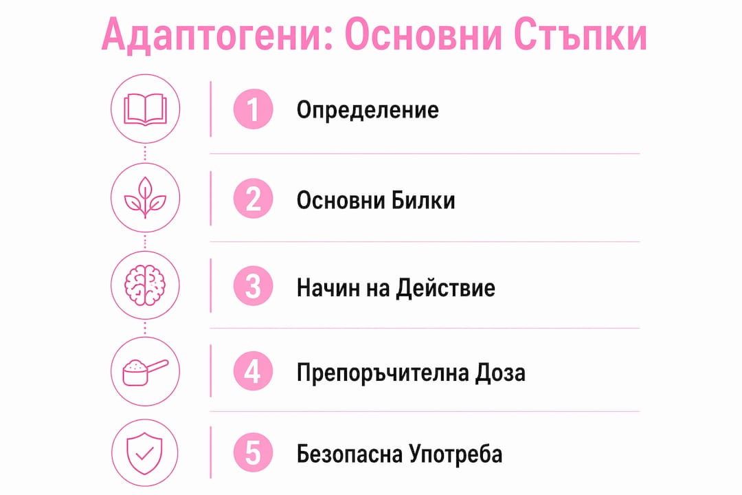 Инфографика с основните стъпки и начини на приложение на адаптогените