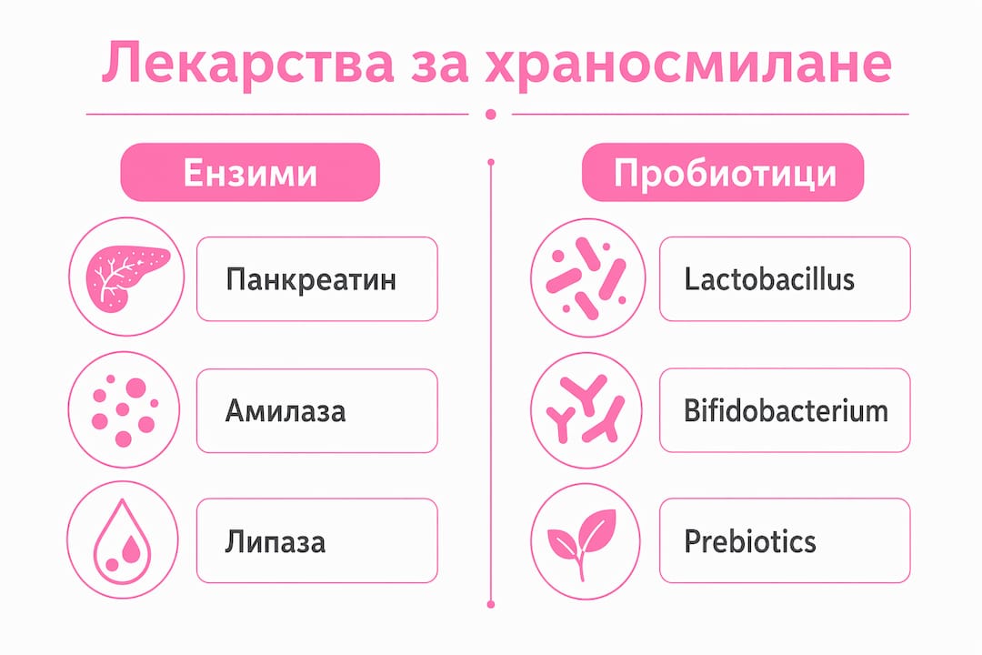 Инфографика, която представя различните видове лекарства за храносмилателната система, подредени по категории