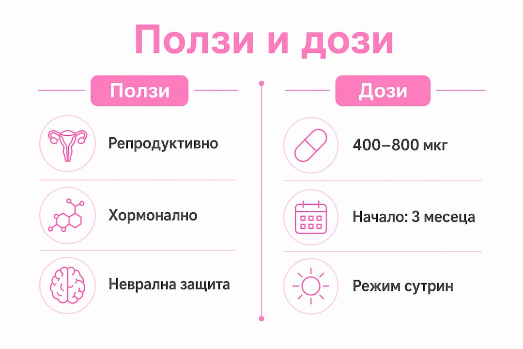 Вижте инфографика, която показва кои са основните ползи от фолиевата киселина и какви са препоръчителните дневни количества.