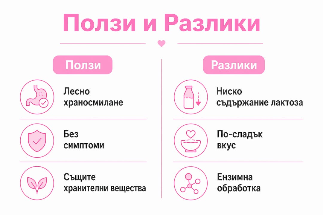 Вижте инфографика, която представя основните предимства и разлики при консумацията на мляко без лактоза.