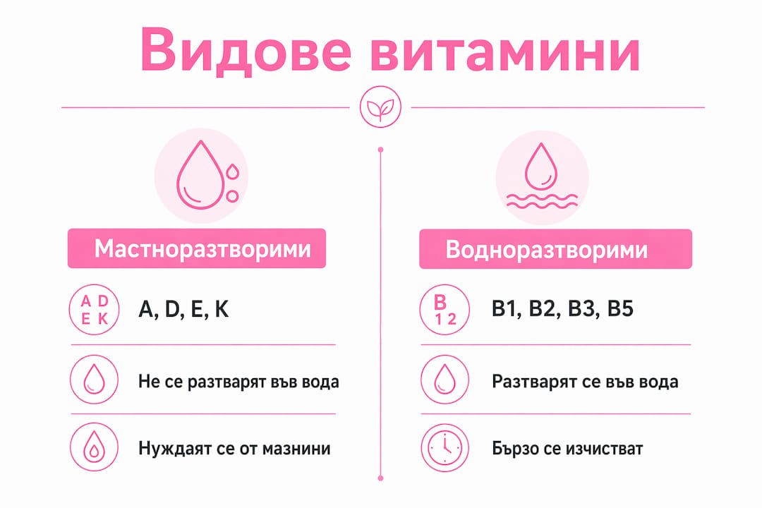 Инфографика, която показва основните разлики между мастноразтворимите и водоразтворимите витамини