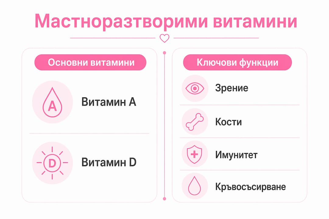 Визуално представяне на мастноразтворимите витамини и ролята им в организма