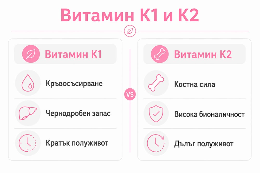 Инфографика, която показва основните разлики и предимства между витамин К1 и К2