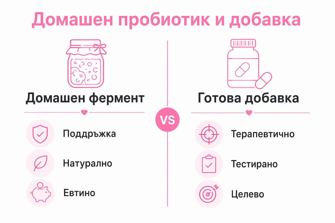 Сравнителна инфографика: домашно приготвен пробиотик срещу готова пробиотична добавка