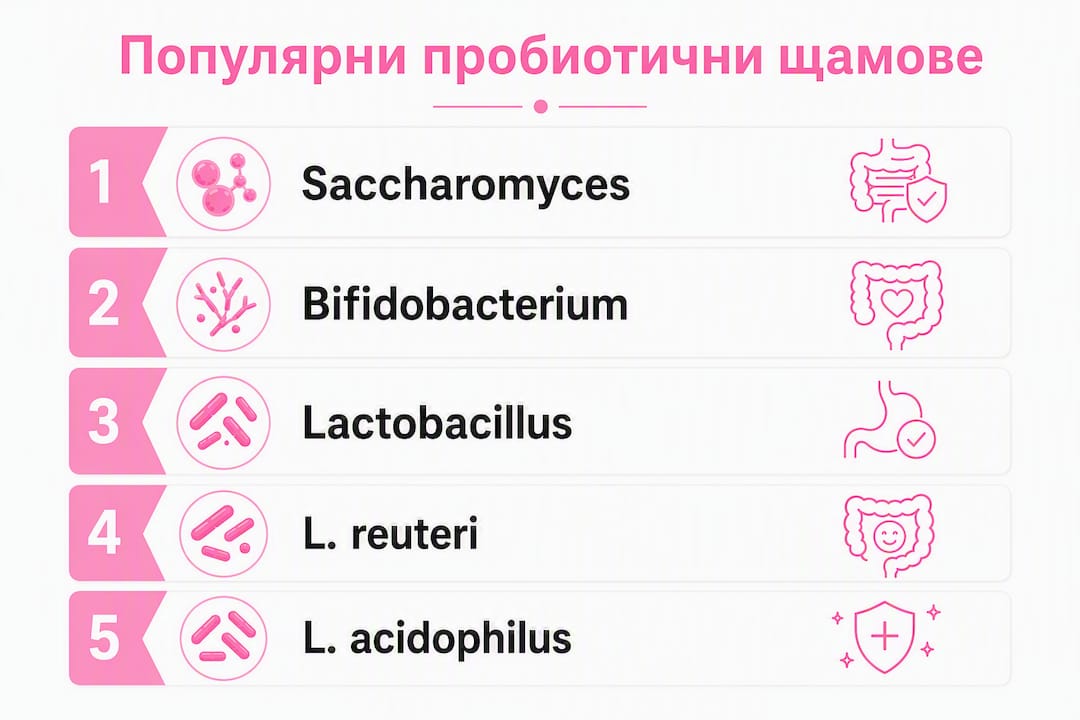 Йерархична инфографика, представяща различните видове пробиотични щамове и техните функции