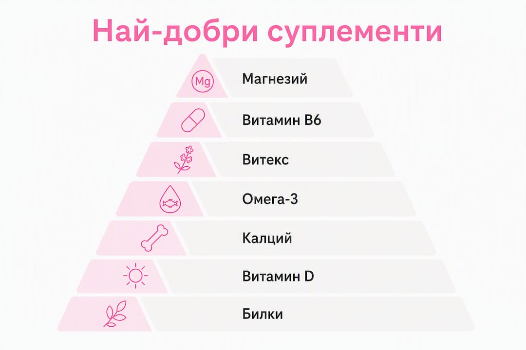 Пирамидална инфографика с най-важните добавки при ПМС