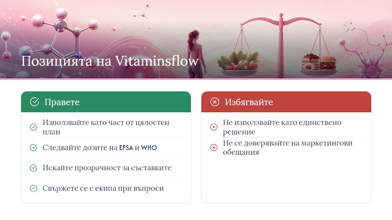 Позицията на Vitaminsflow: доказателства и реални нужди — overview diagram