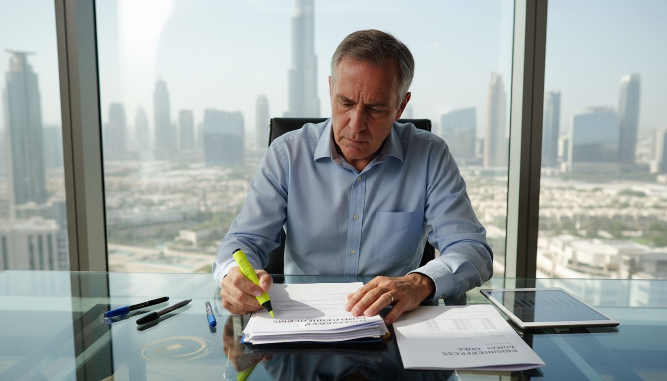 Man handling legal papers with Dubai skyline