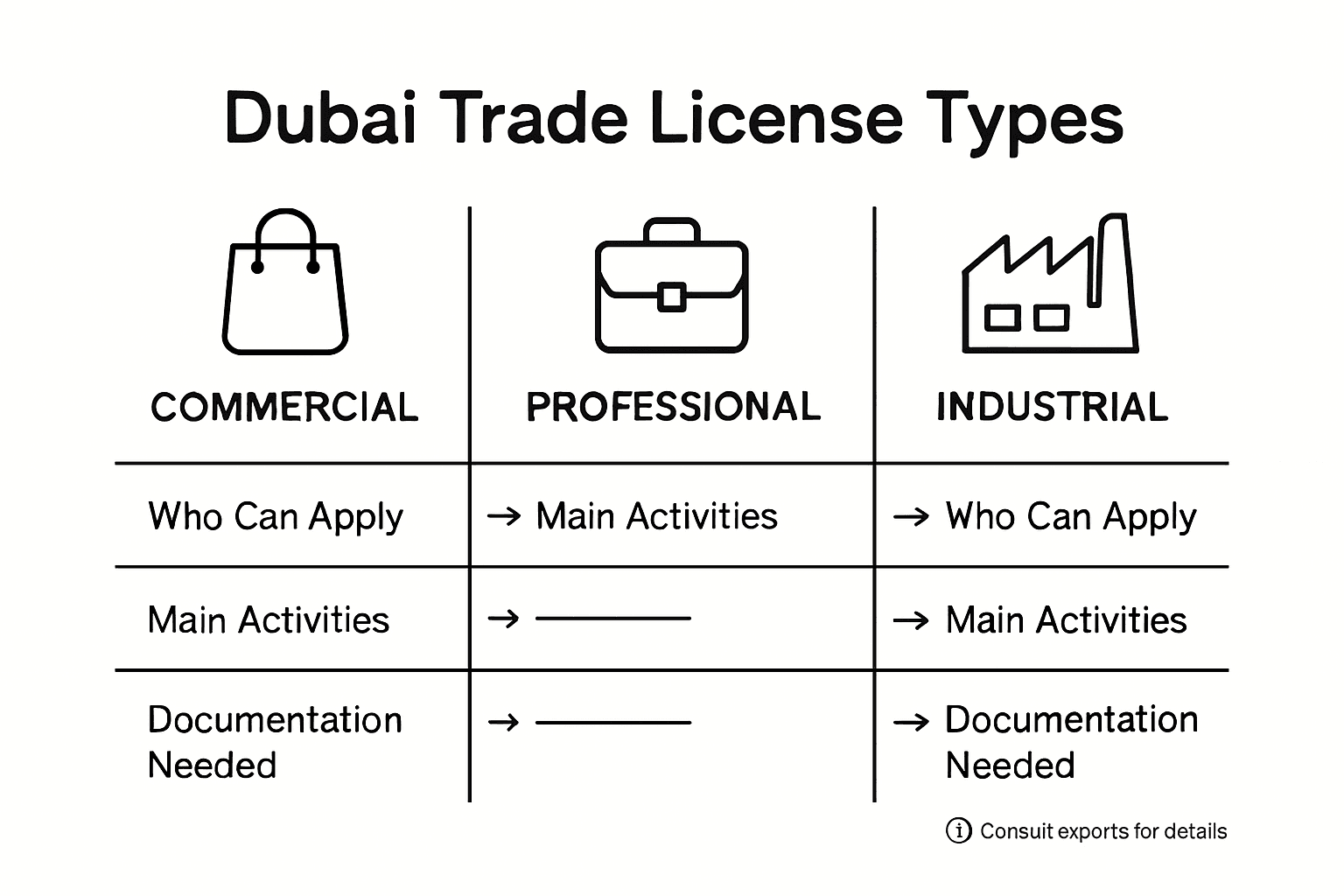 Types of Dubai trade licenses infographic