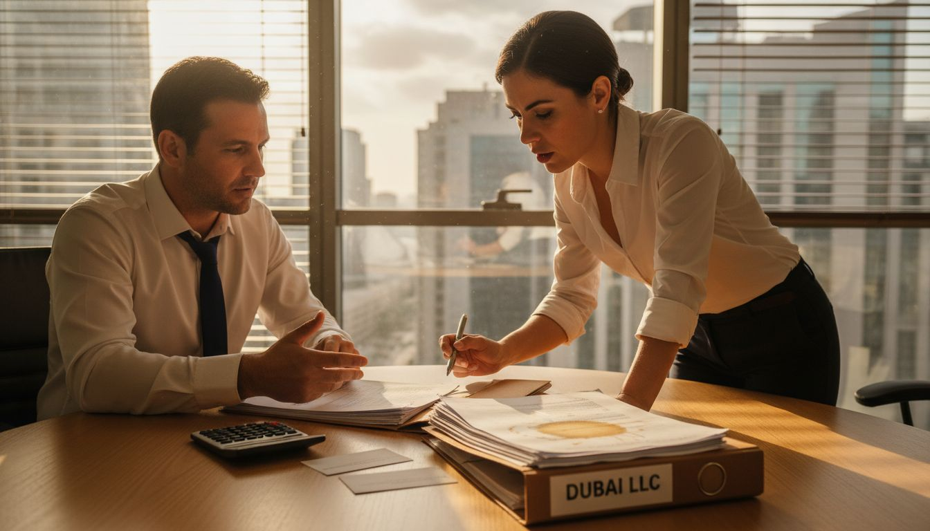 Partners reviewing company documents in Dubai meeting room