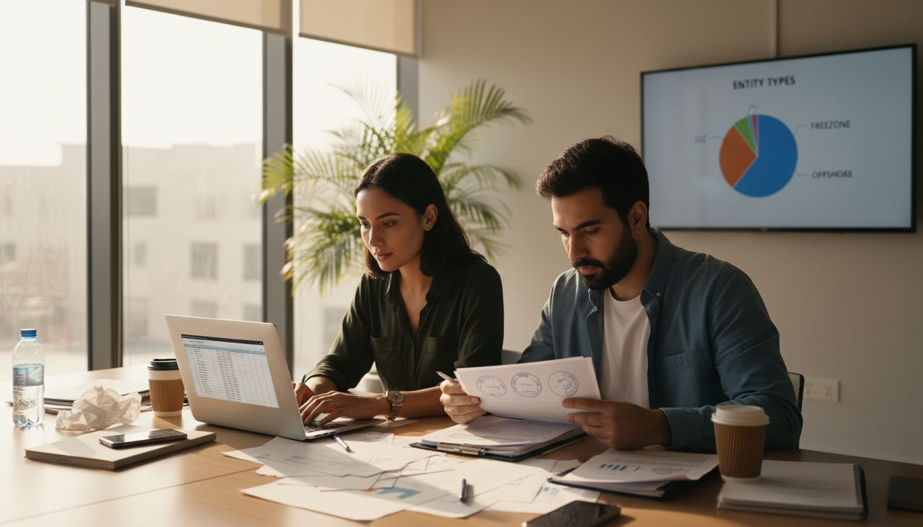 Entrepreneurs in Dubai workspace reviewing documents