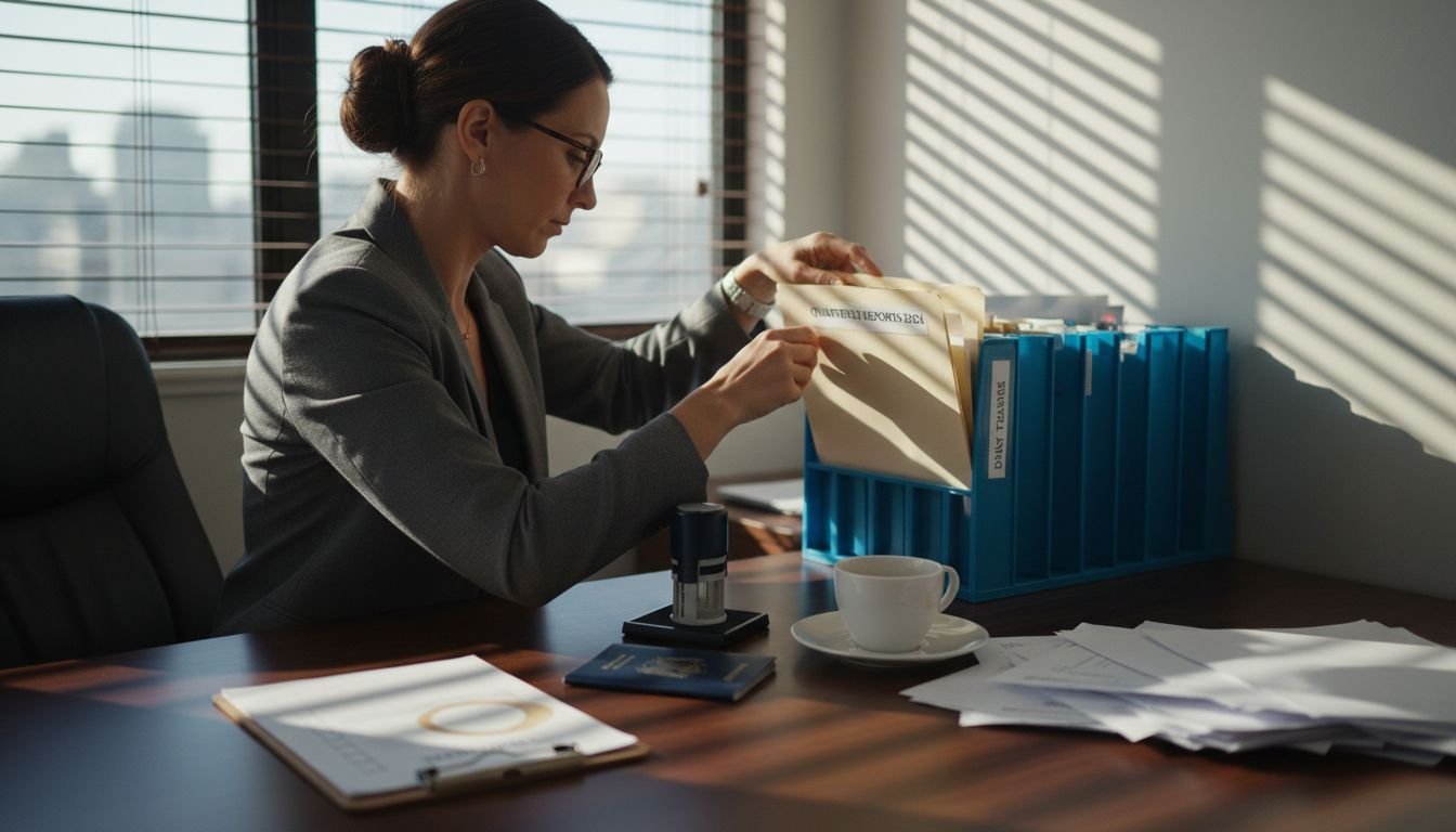 Businesswoman organizing license application documents