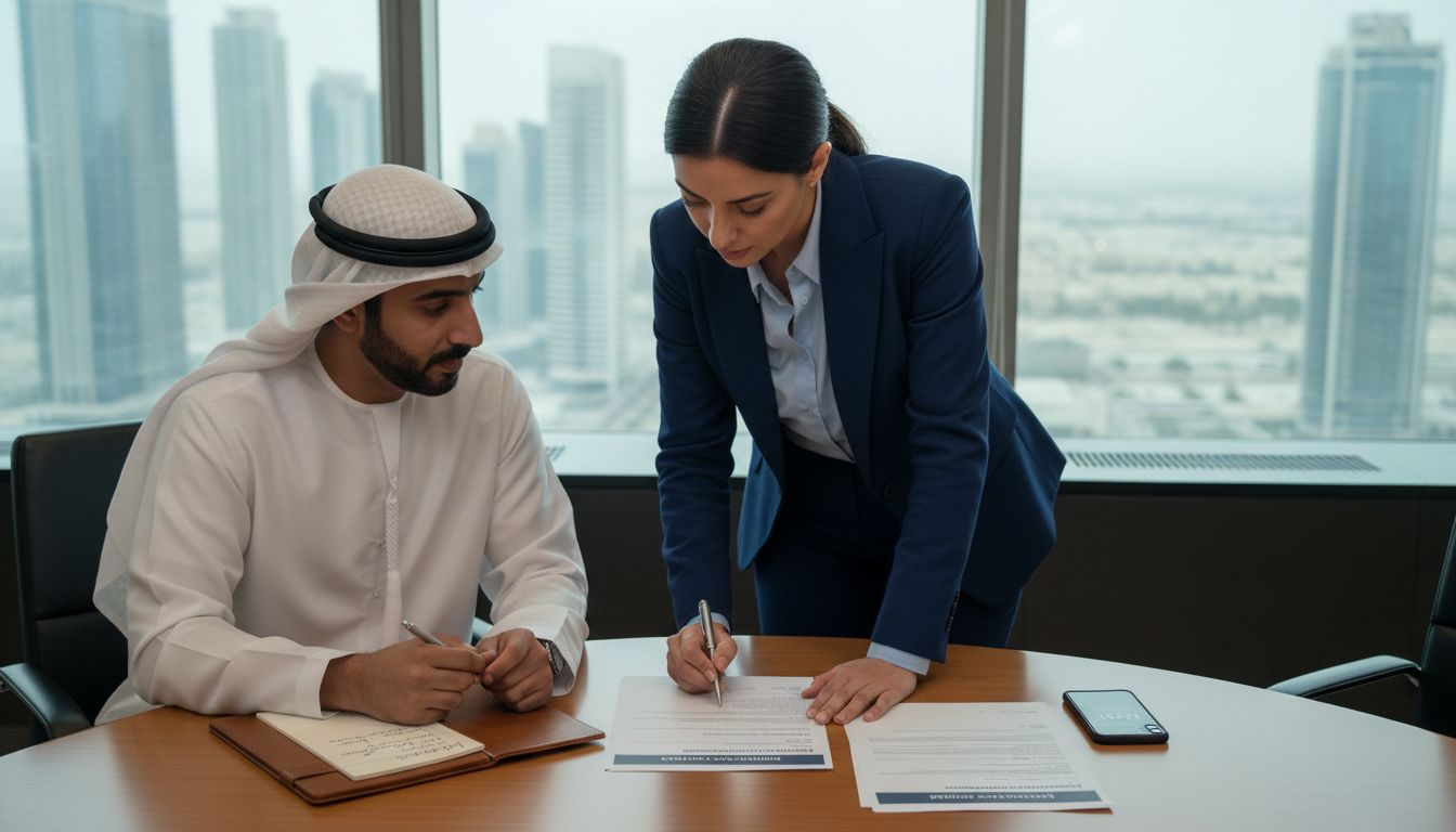 Business consultants reviewing documents at conference table