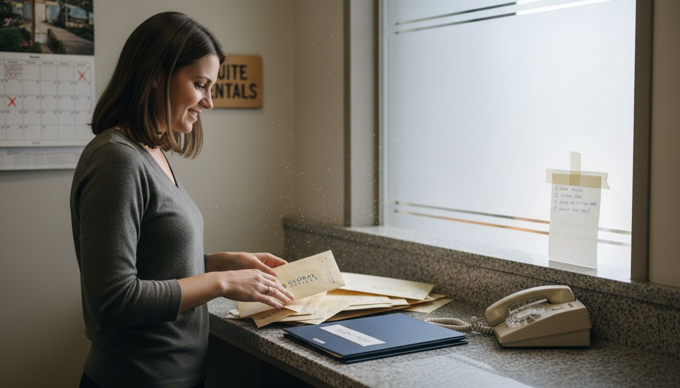Receptionist handling business mail in office suite