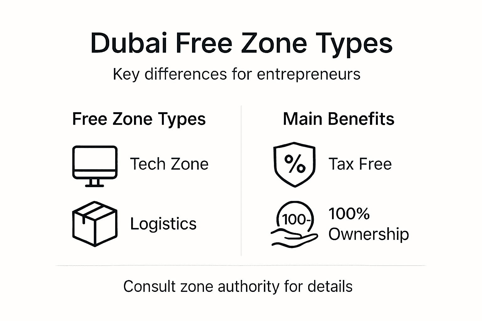 Infographic showing Dubai Free Zone types and benefits