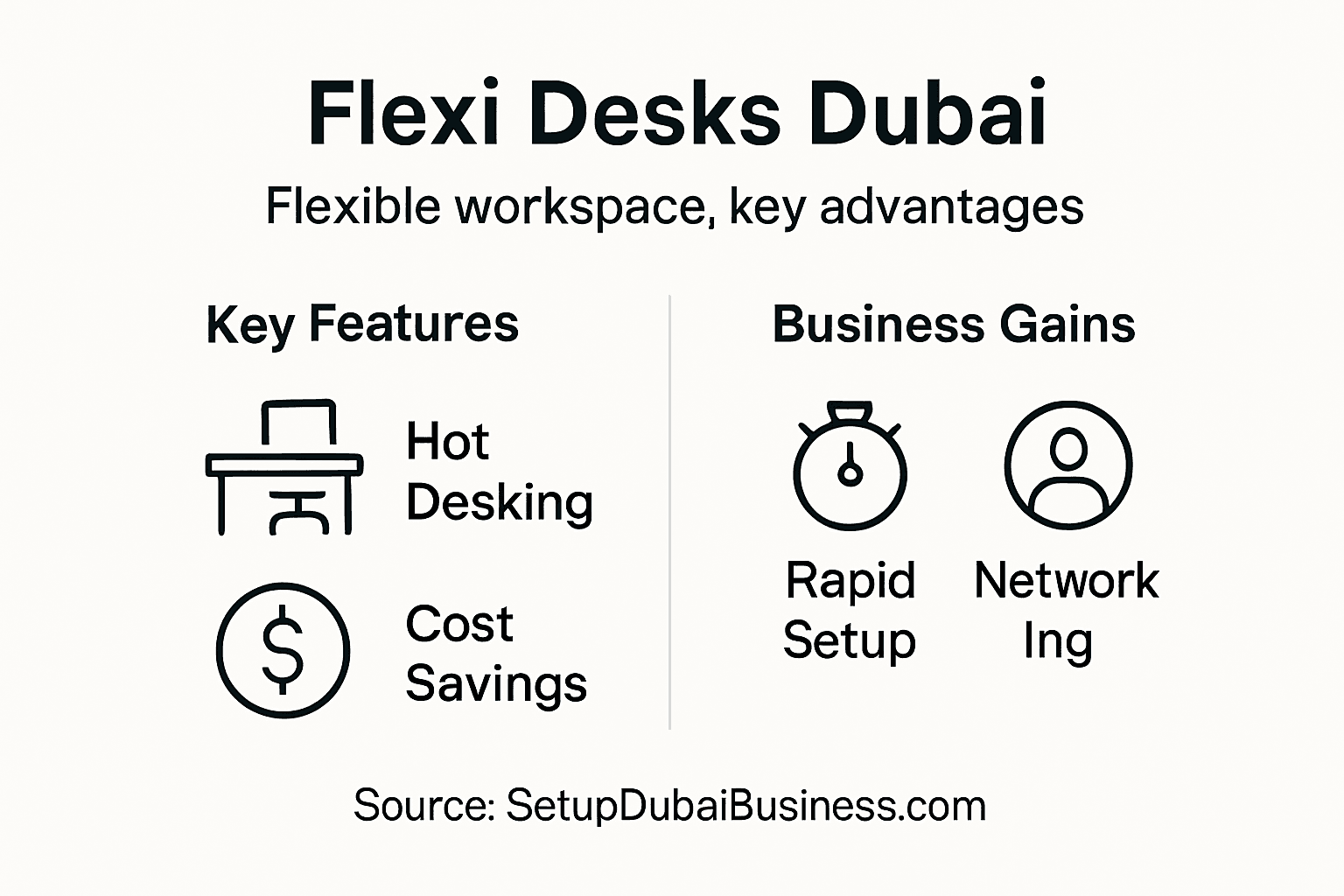 Infographic showing Dubai flexi desk features and benefits