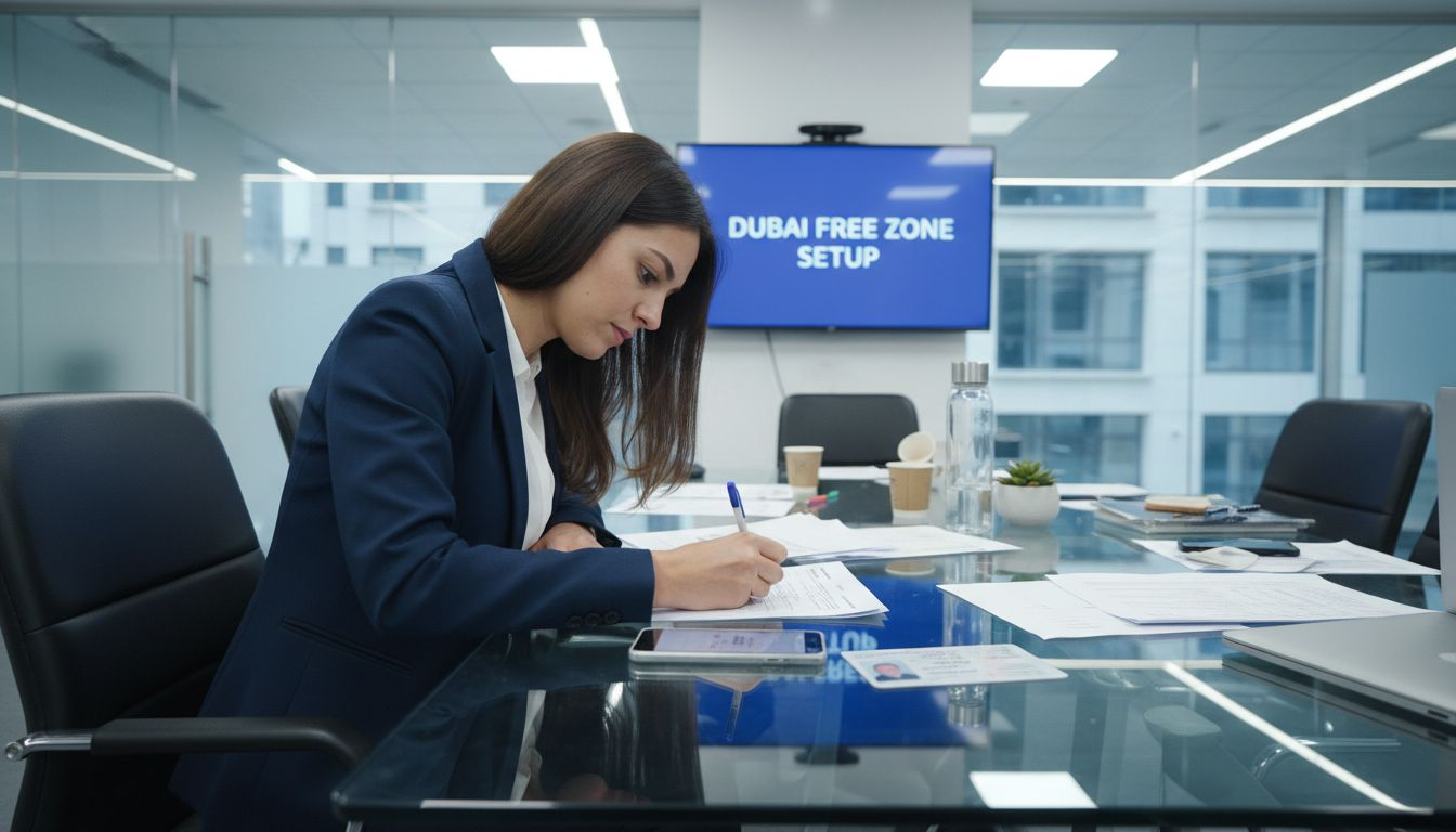 Businesswoman filling company registration forms