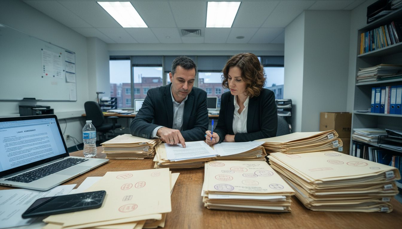 Partners discussing paperwork in Dubai meeting room