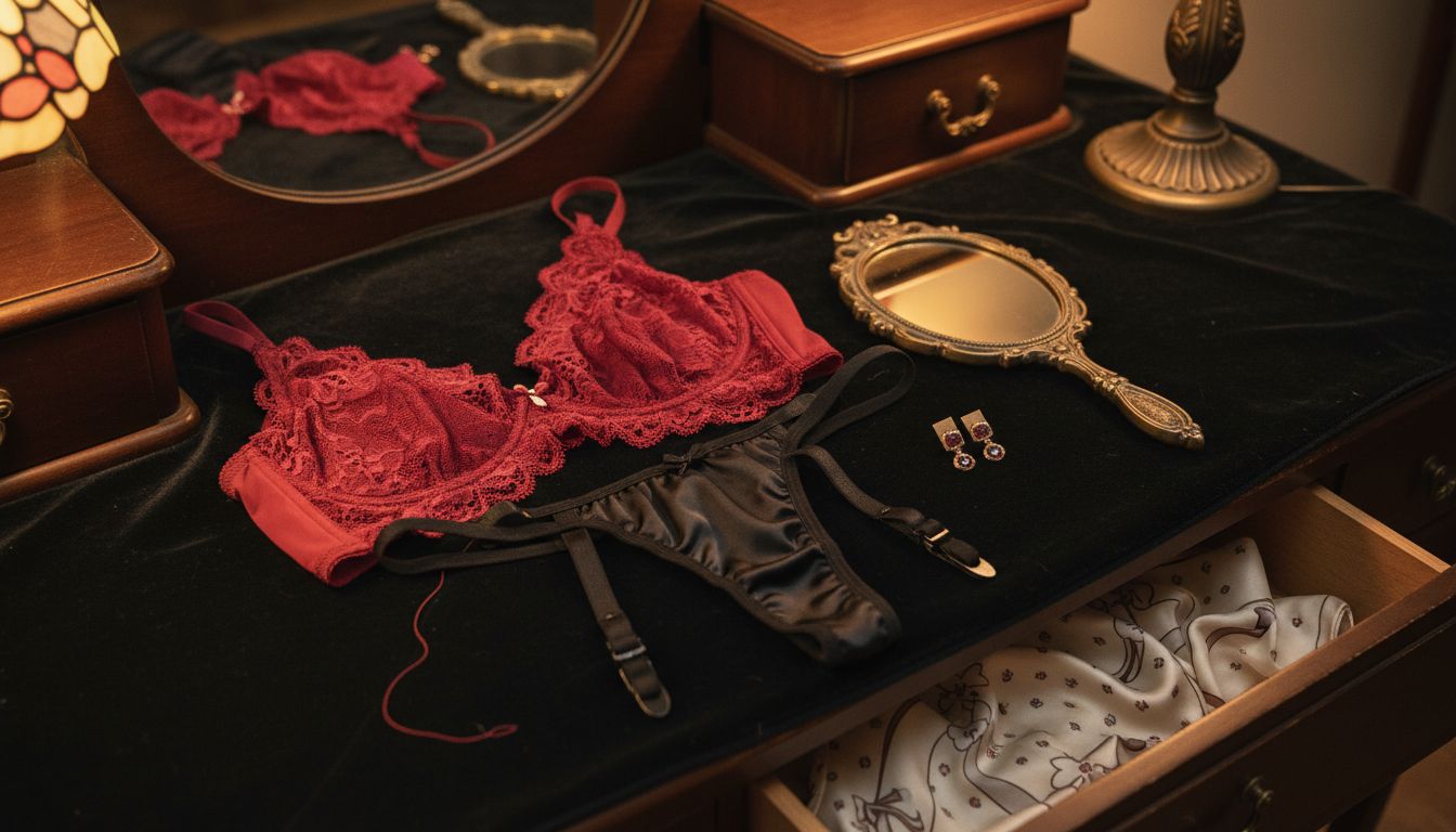 Un délicat ensemble de lingerie en dentelle et satin posé avec élégance sur la coiffeuse.