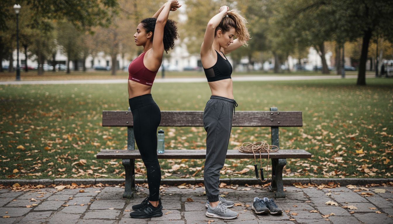 Deux amies échangent leurs avis sur des brassières de sport en plein air.