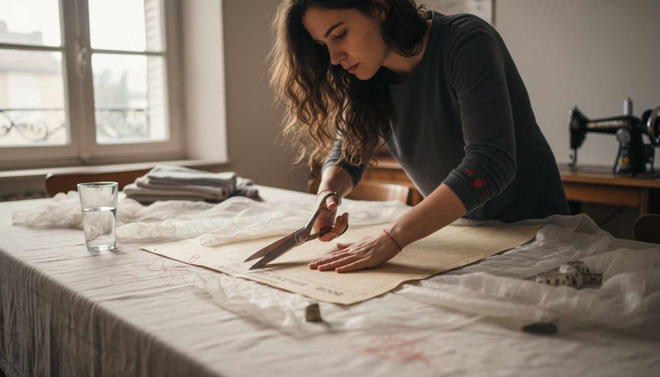 Une femme découpe avec précision une doublure légère destinée à la confection de lingerie fine.