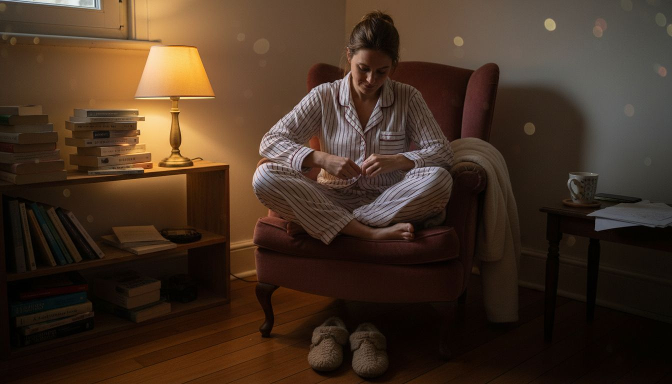 Une femme en pyjama en coton est assise dans sa chambre, profitant d’un moment de détente.