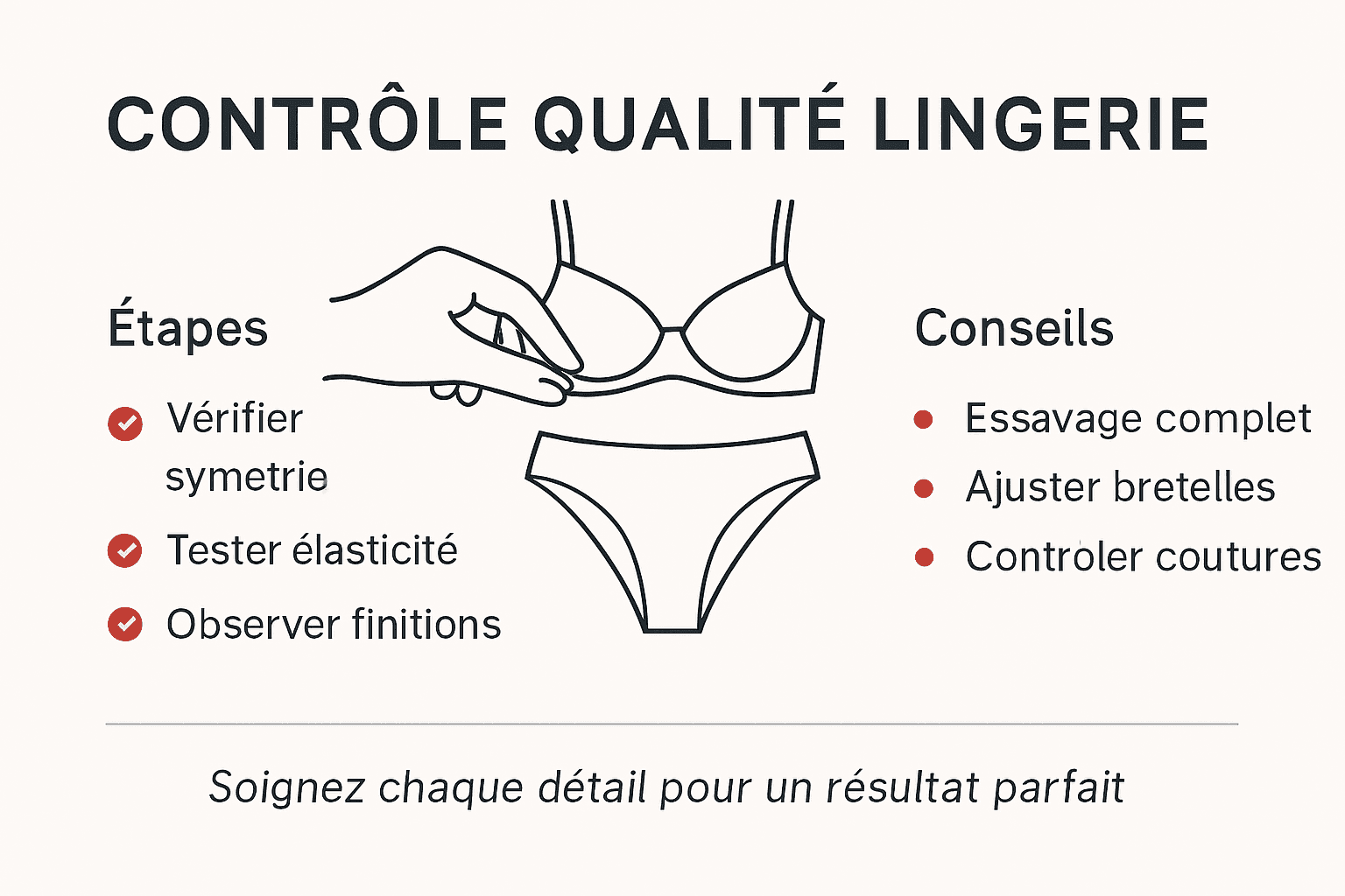 Visuel récapitulatif des étapes de contrôle qualité pour une parure de lingerie