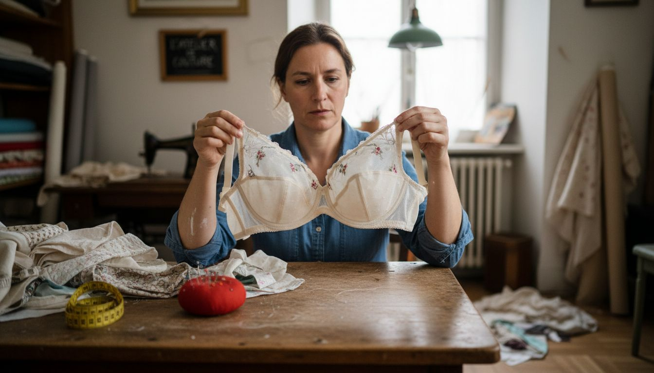 Une couturière examine minutieusement les finitions d’un soutien-gorge offrant un bon maintien.
