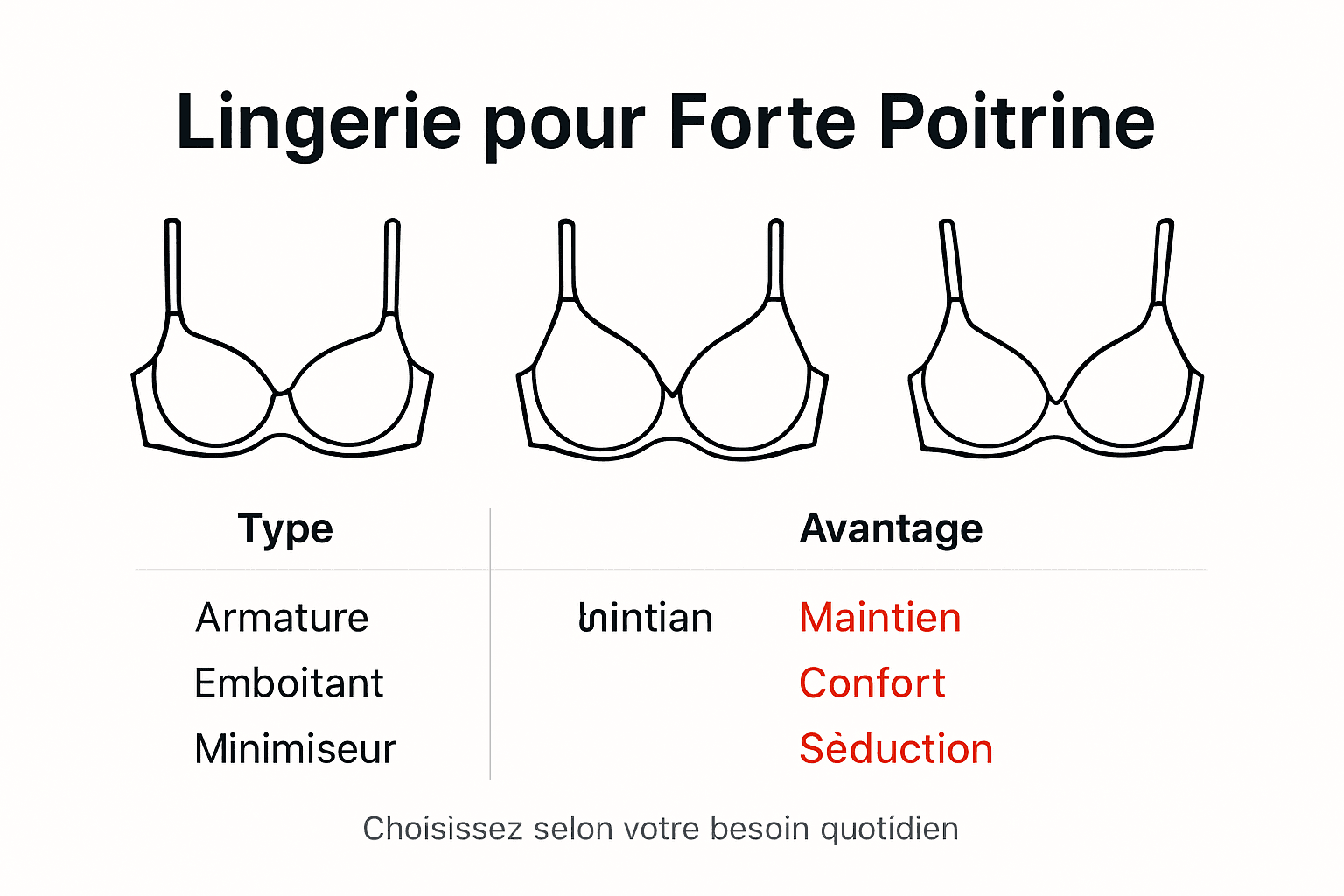 Infographie : tout savoir sur les différents modèles de lingerie adaptés aux poitrines généreuses et leurs atouts