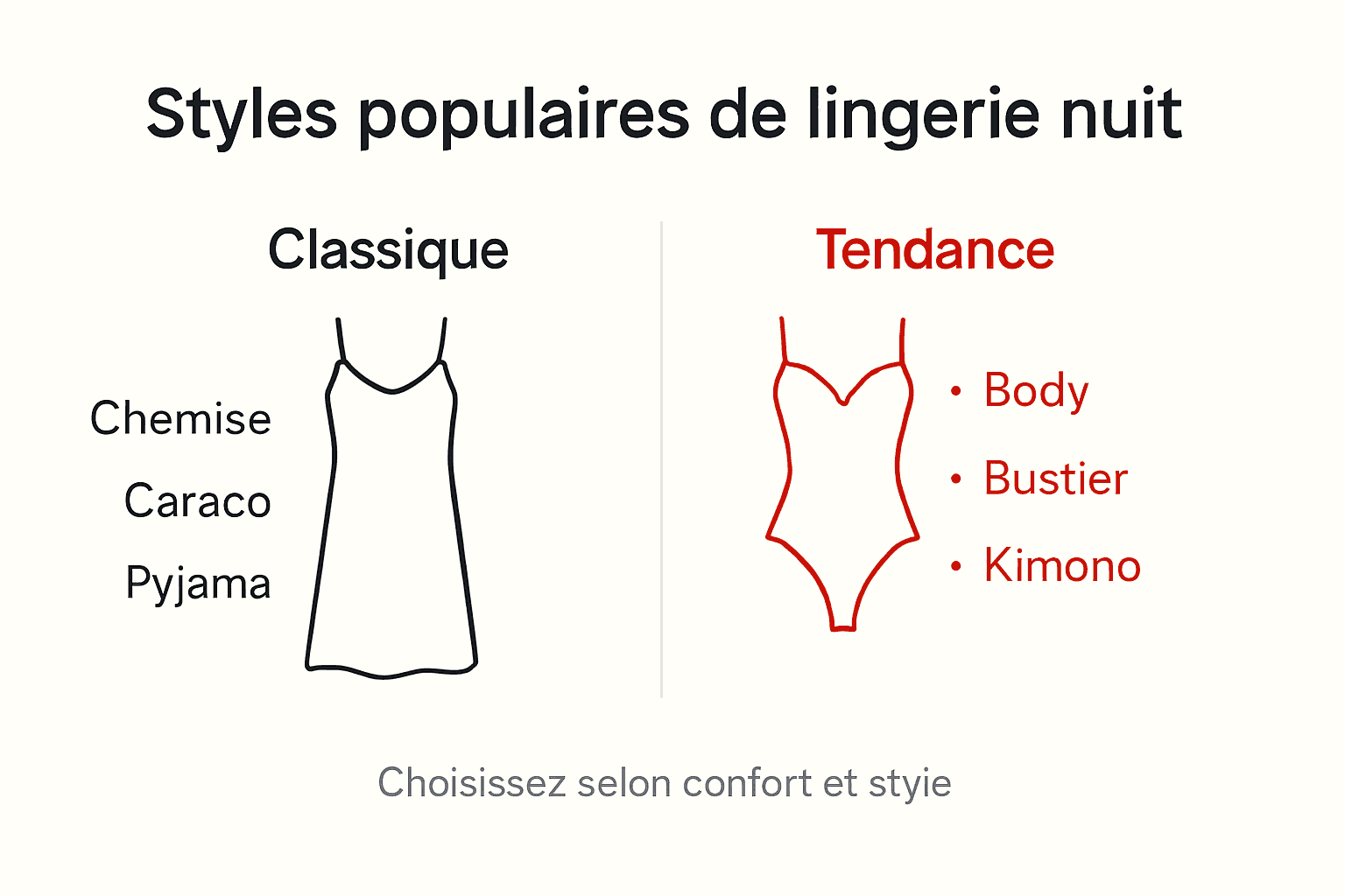 Comparatif visuel des différents styles de lingerie de nuit
