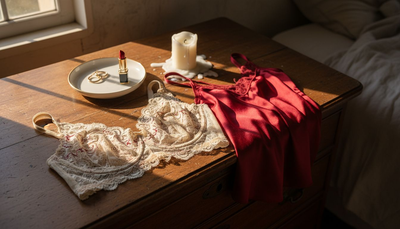 Un ensemble de lingerie en dentelle délicatement posé sur une commode en bois