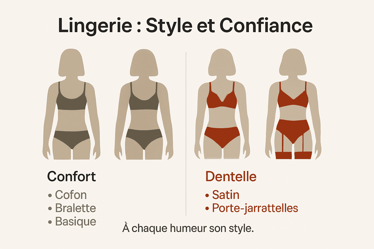 Visuel épuré présentant les différents styles de lingerie féminine