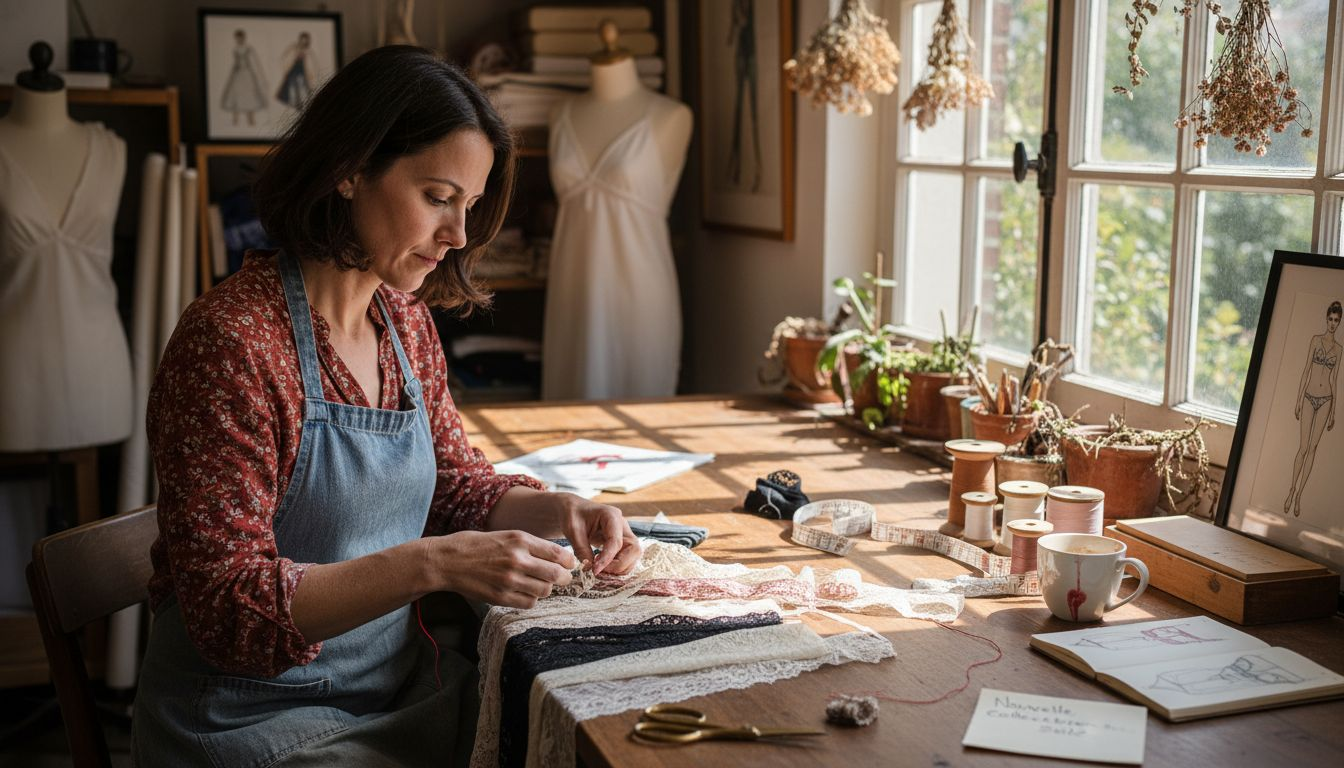 Un artisan passe en revue différentes dentelles pour sélectionner les plus belles étoffes qui serviront à la confection de lingerie raffinée.