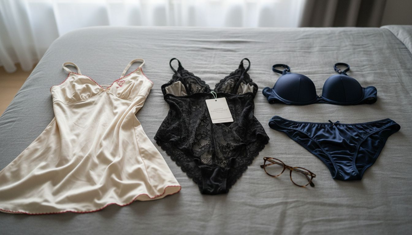 Trois ensembles de lingerie délicatement posés sur le lit