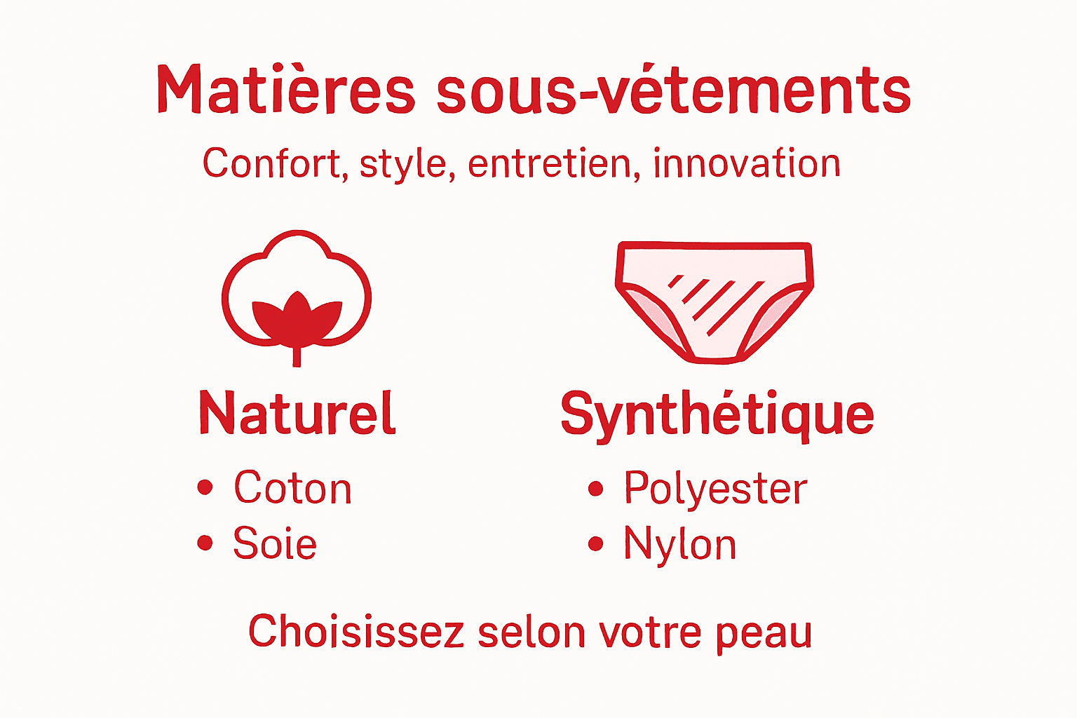 Découvrez notre infographie dédiée aux différents tissus utilisés dans la confection des sous-vêtements féminins.