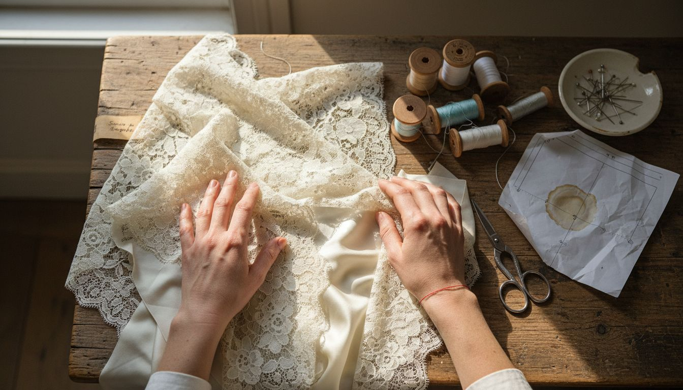 Finesse des détails de lingerie sur une table d’atelier, ambiance artisanale.