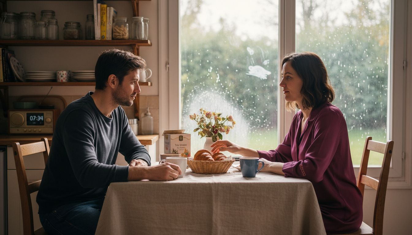 Un couple savoure un petit-déjeuner complice en sous-vêtements, profitant d’un moment intime et décontracté à la maison.
