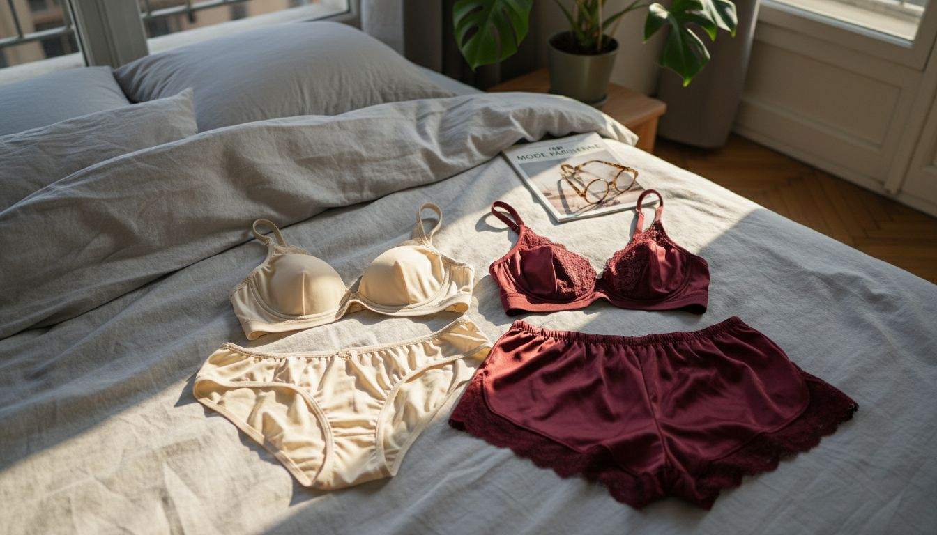 Un assortiment de tissus extensibles disposés sur un lit