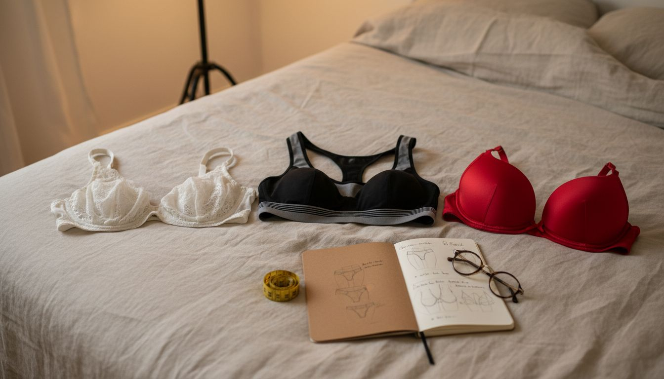 Plusieurs modèles de soutiens-gorge soigneusement disposés sur le lit, accompagnés de divers accessoires féminins.