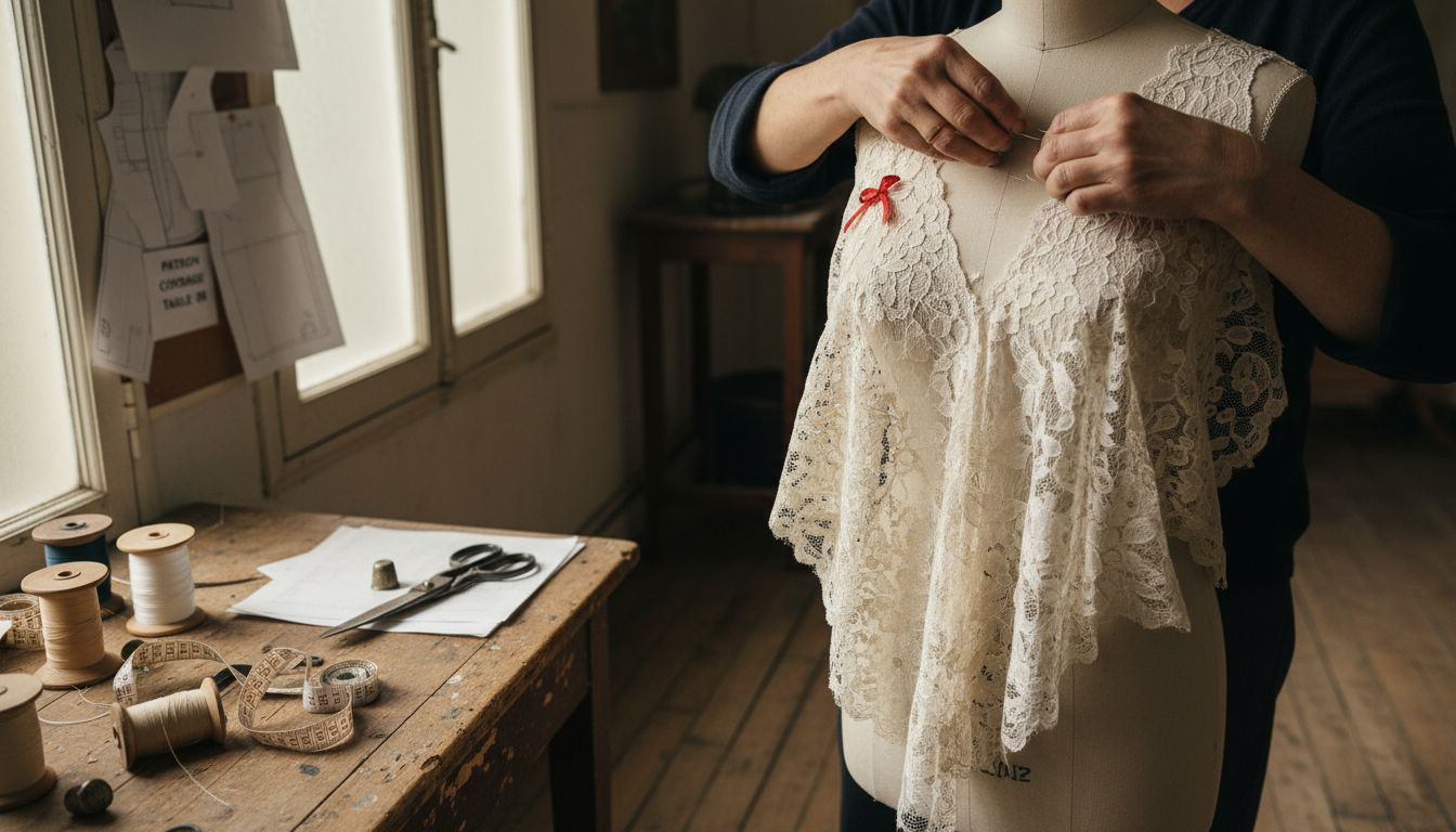 Zoom sur un travail de dentelle délicatement réalisé sur un mannequin dans l’atelier.