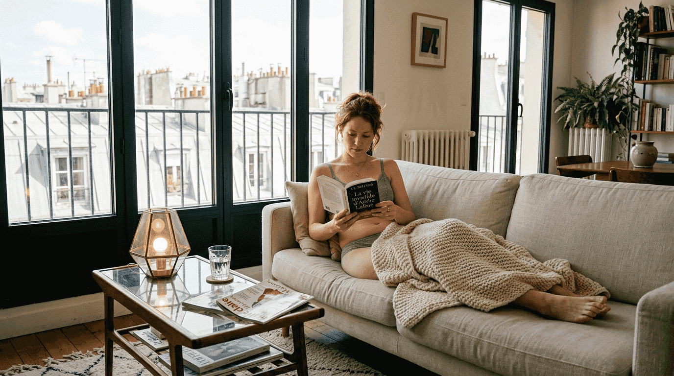 Une femme détendue, plongée dans la lecture sur son canapé, vêtue d’une lingerie moderne et élégante.