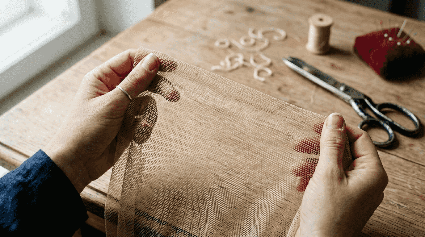 Des mains qui étirent délicatement un tissu de lingerie, laissant apparaître la finesse de sa texture.